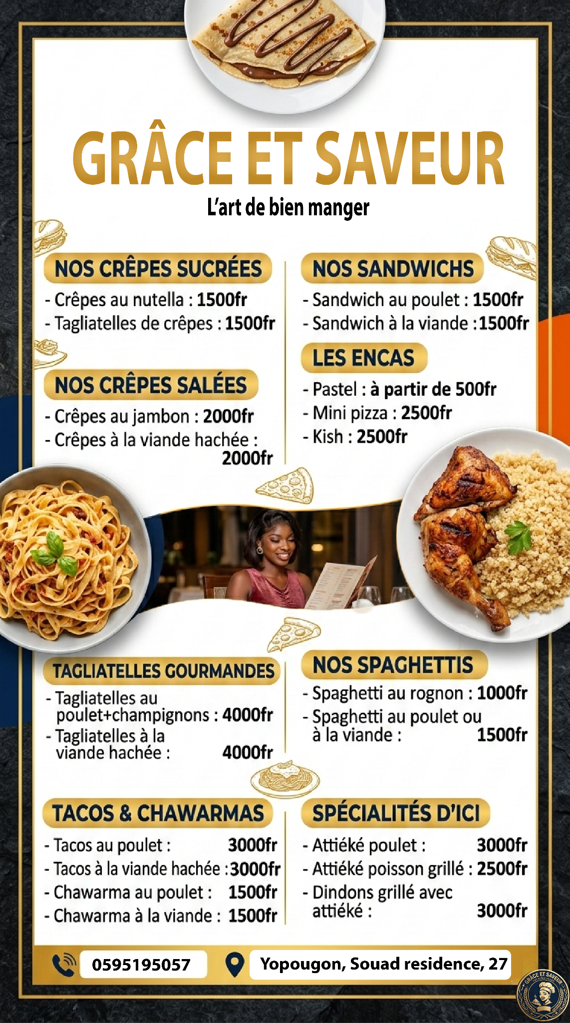 Menu Grâce et Saveur - crêpes, sandwichs, encas, tacos et spécialités