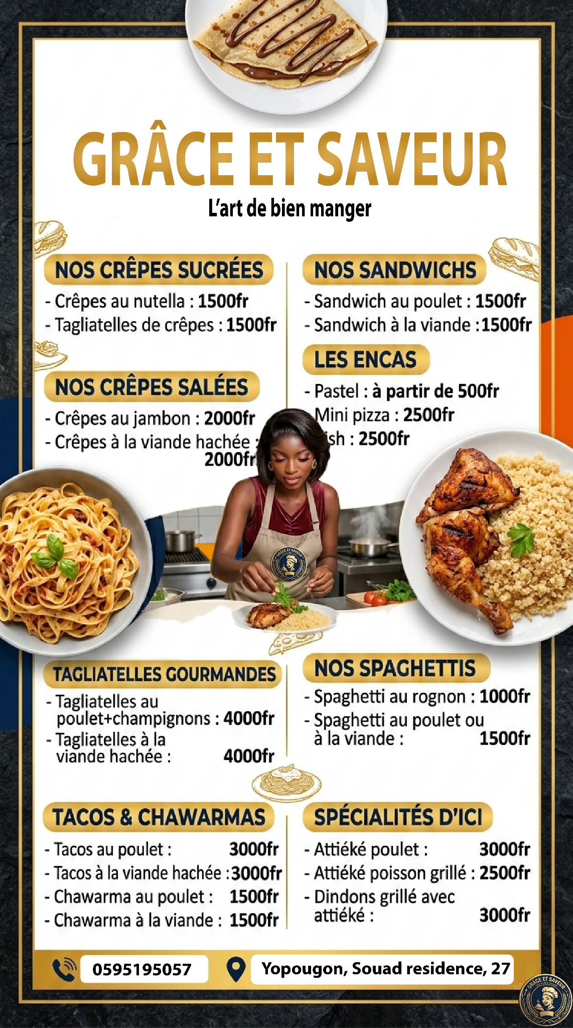 Menu Grâce et Saveur avec cuisinière et plats